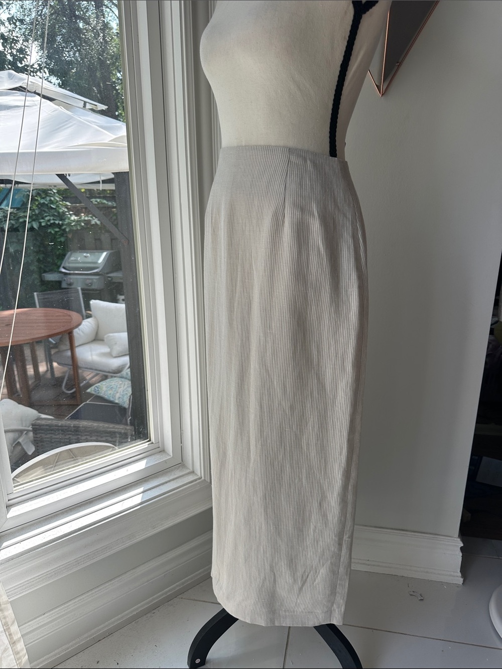 VINTAGE 90s LINEN Classic Cream White Tan Beige Striped Midi Pencil Skirt Medium - Picture 4 of 13